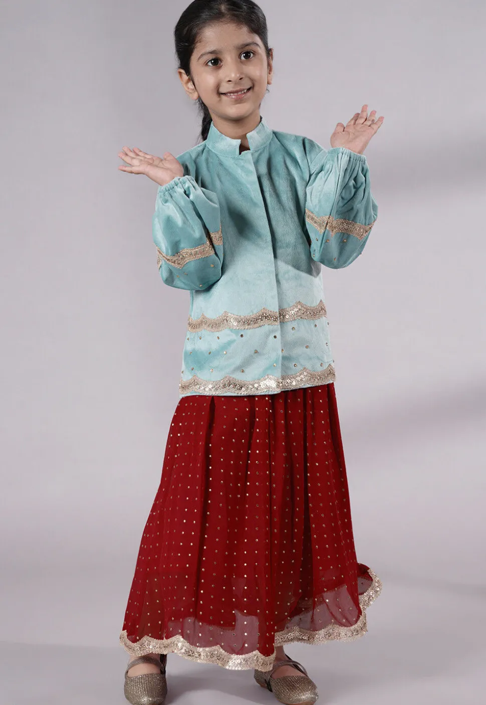 Embroidered Georgette Maxi Dress with Jacket in Maroon