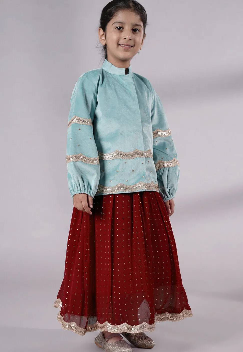 Embroidered Georgette Maxi Dress with Jacket in Maroon
