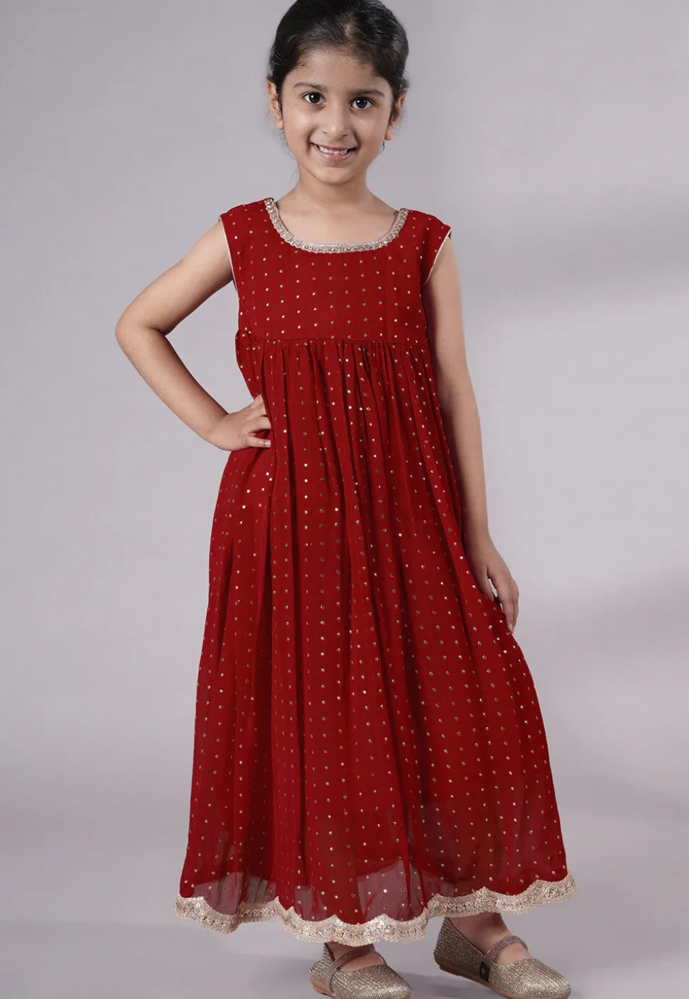 Embroidered Georgette Maxi Dress with Jacket in Maroon