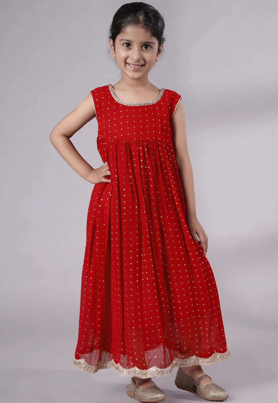 Embroidered Georgette Maxi Dress in Red