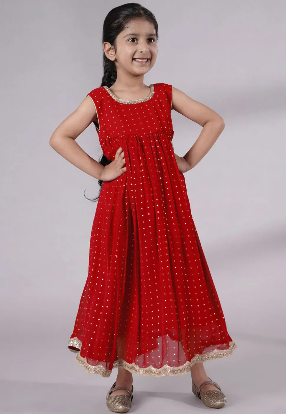 Embroidered Georgette Maxi Dress in Red