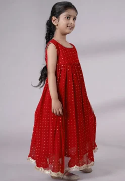 Embroidered Georgette Maxi Dress in Red