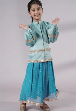Embroidered Georgette Maxi Dress with Jacket in Sky Blue