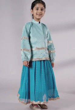 Embroidered Georgette Maxi Dress with Jacket in Sky Blue