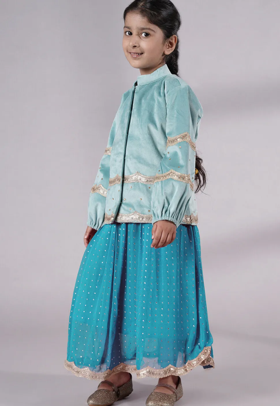 Embroidered Georgette Maxi Dress with Jacket in Sky Blue