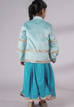 Embroidered Georgette Maxi Dress with Jacket in Sky Blue