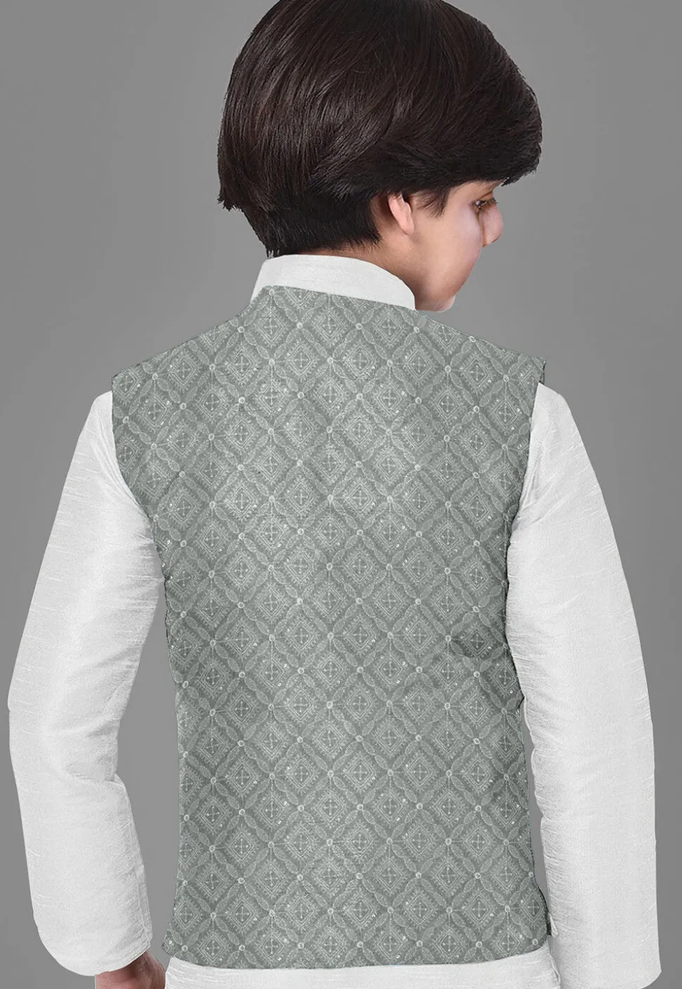 Embroidered Georgette Nehru Jacket in Grey
