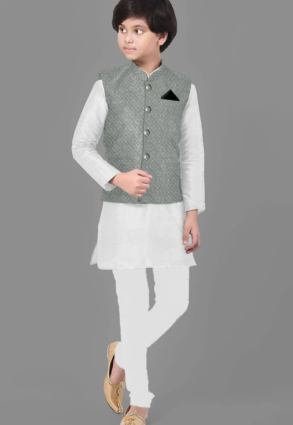 Embroidered Georgette Nehru Jacket in Grey