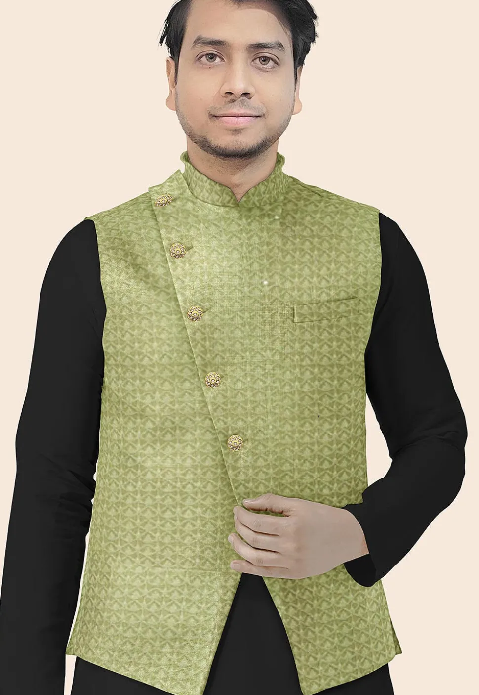 Embroidered Georgette Nehru Jacket in Olive Green