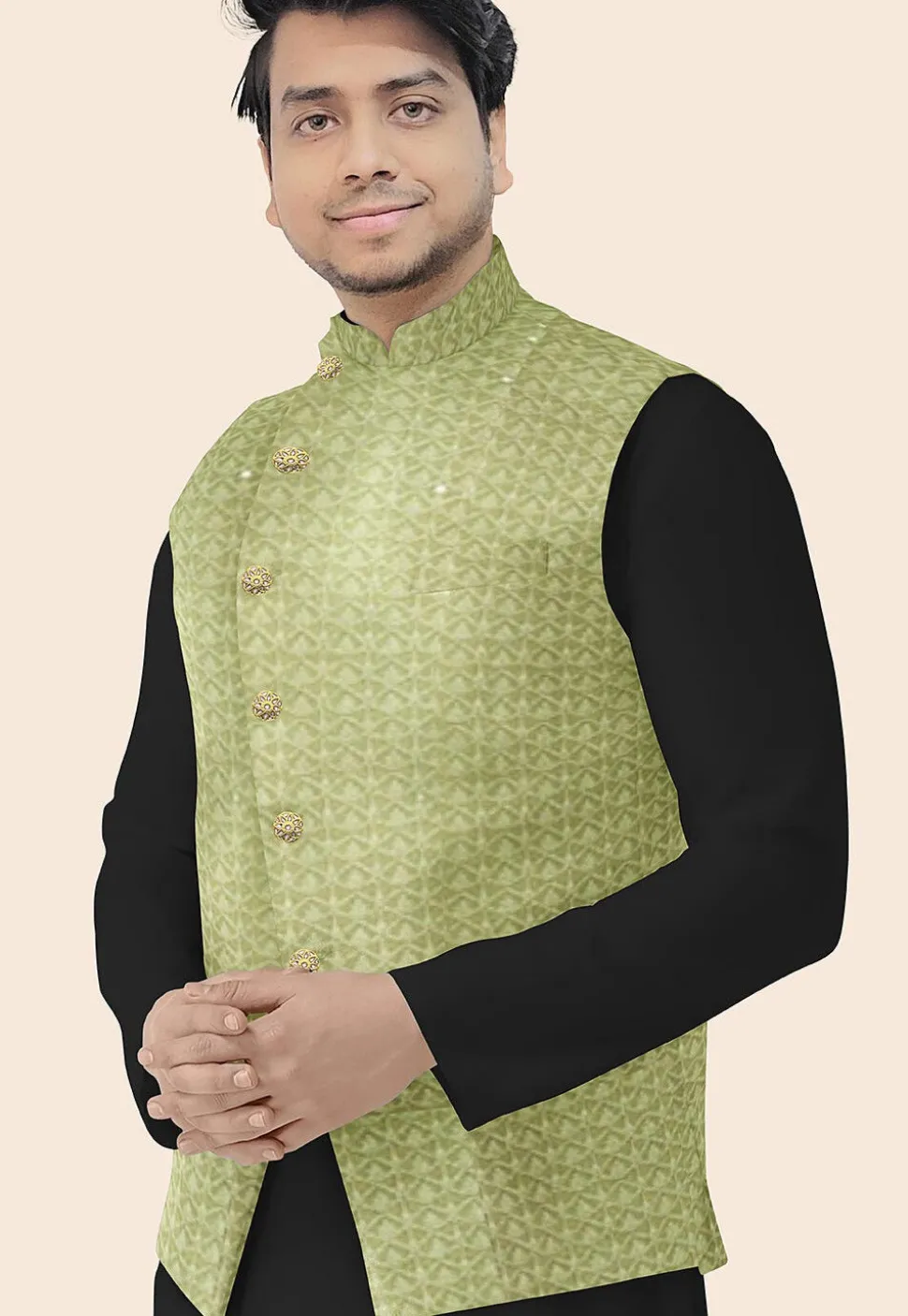 Embroidered Georgette Nehru Jacket in Olive Green