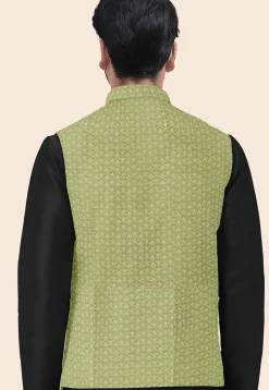 Embroidered Georgette Nehru Jacket in Olive Green