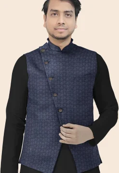 Embroidered Georgette Nehru Jacket in Dark Grey