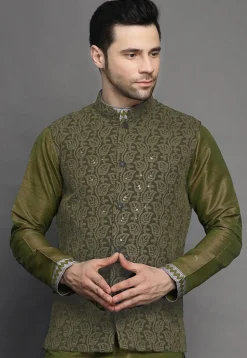 Embroidered Georgette Nehru Jacket in Olive Green