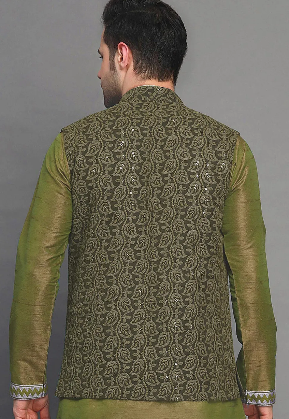 Embroidered Georgette Nehru Jacket in Olive Green