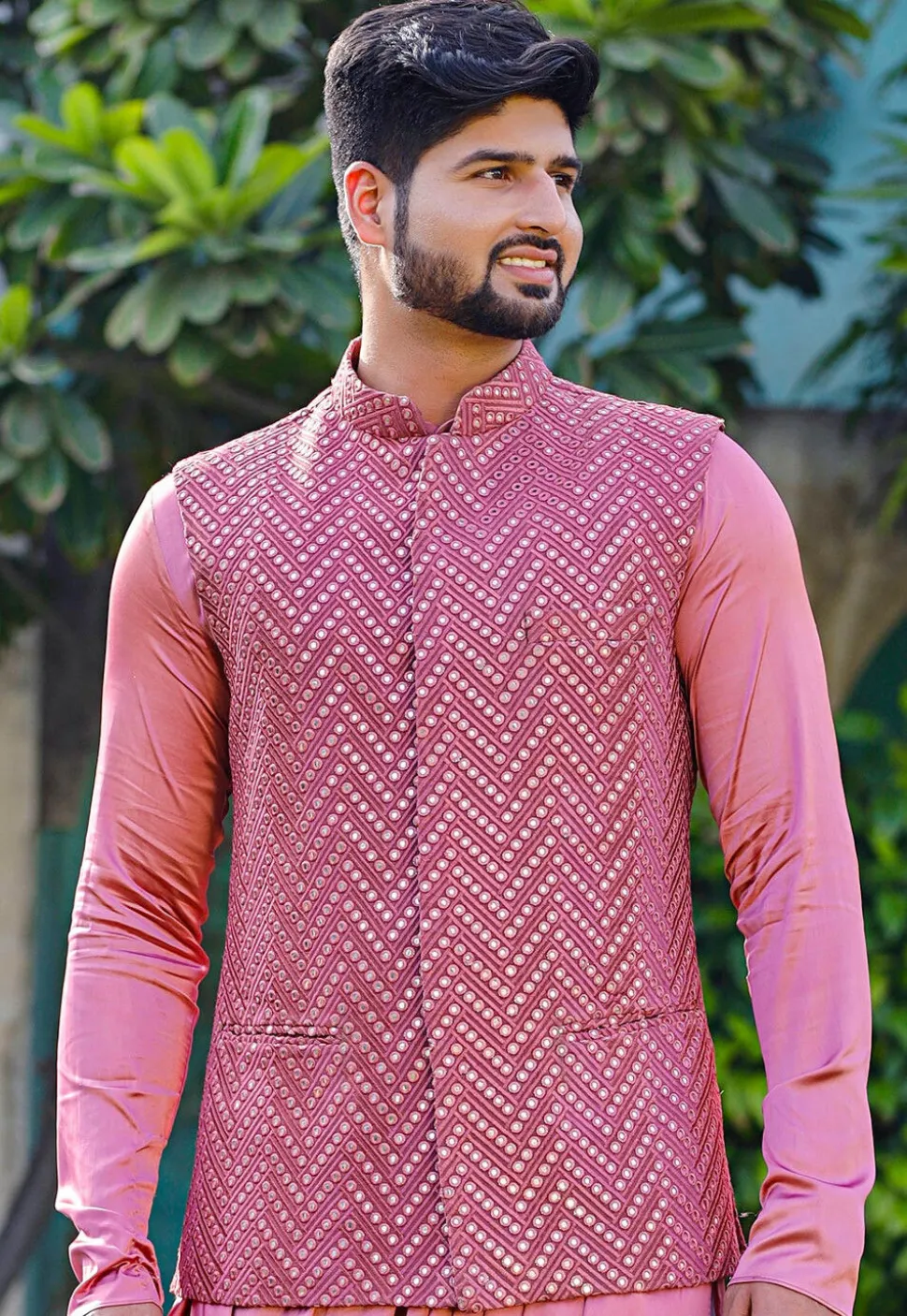 Embroidered Georgette Nehru Jacket in Pink