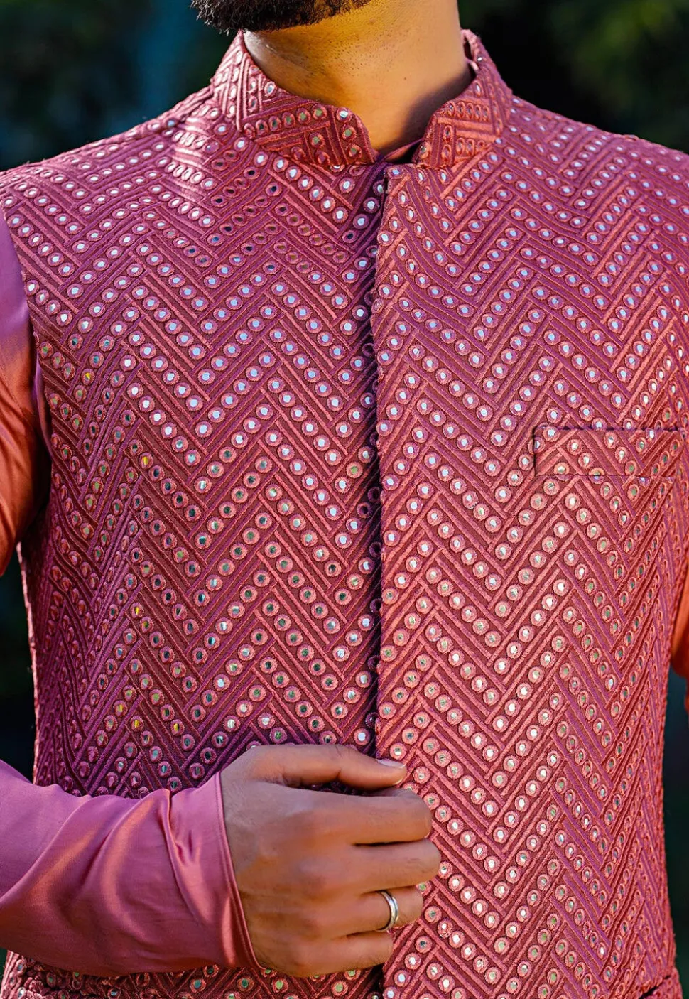 Embroidered Georgette Nehru Jacket in Pink