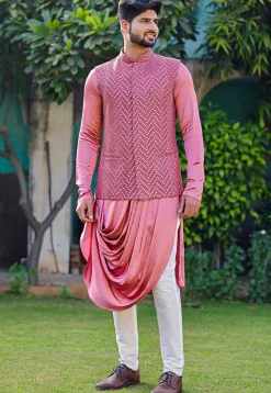 Embroidered Georgette Nehru Jacket in Pink