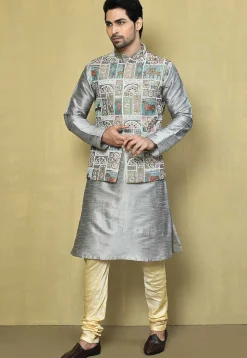 Embroidered Georgette Nehru Jacket in Grey and Multicolor