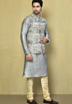 Embroidered Georgette Nehru Jacket in Grey and Multicolor