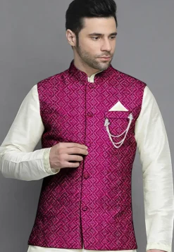 Embroidered Georgette Nehru Jacket in Magenta