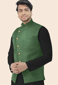 Embroidered Georgette Nehru Jacket in Green