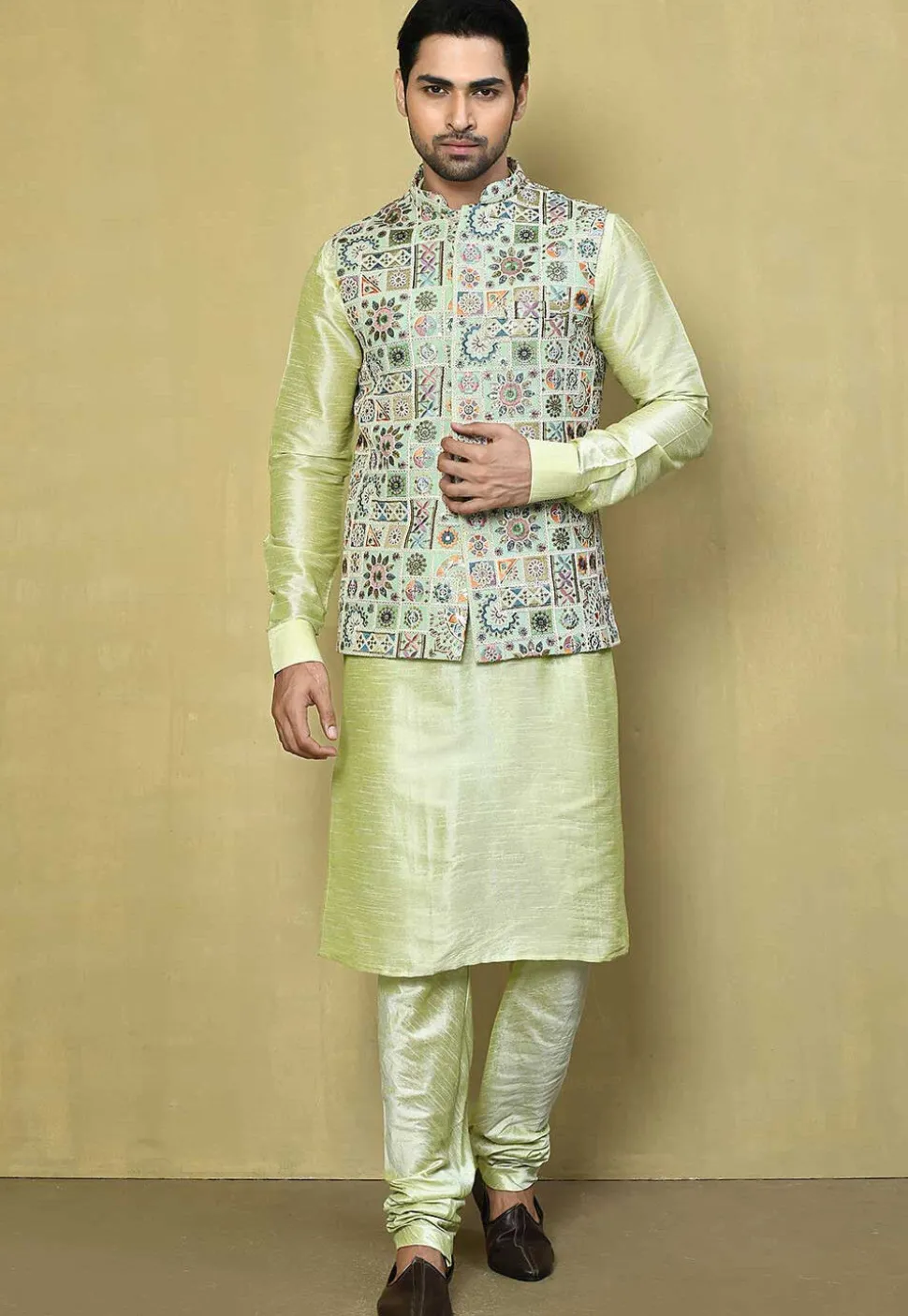 Embroidered Georgette Nehru Jacket in Pastel Green