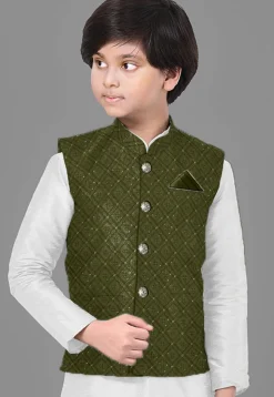 Embroidered Georgette Nehru Jacket in Olive Green