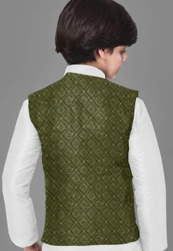 Embroidered Georgette Nehru Jacket in Olive Green