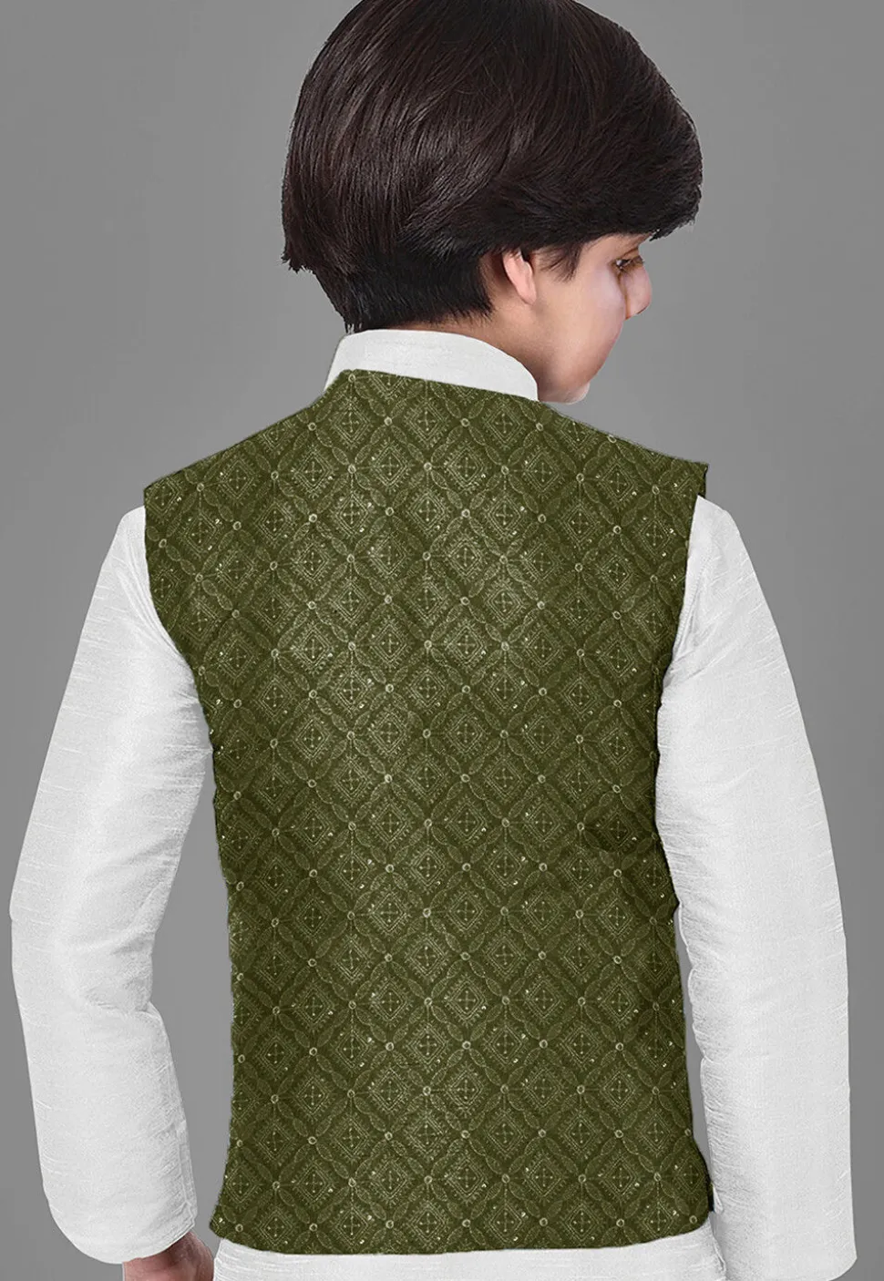 Embroidered Georgette Nehru Jacket in Olive Green