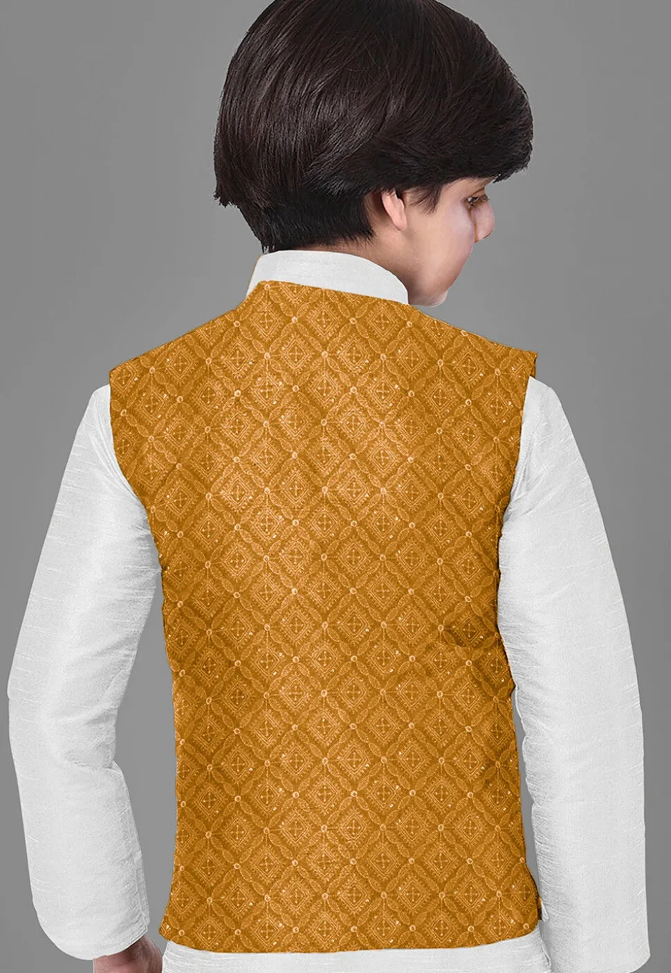 Embroidered Georgette Nehru Jacket in Mustard
