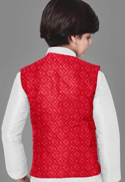 Embroidered Georgette Nehru Jacket in Red