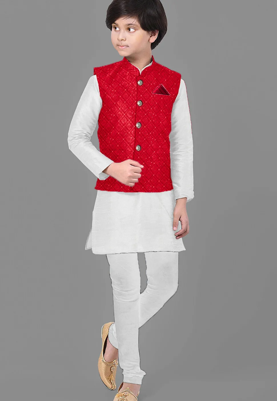 Embroidered Georgette Nehru Jacket in Red