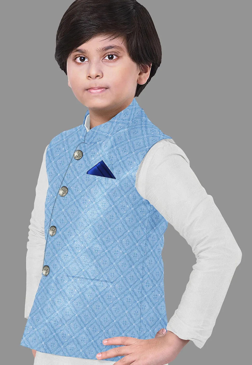 Embroidered Georgette Nehru Jacket in Sky Blue