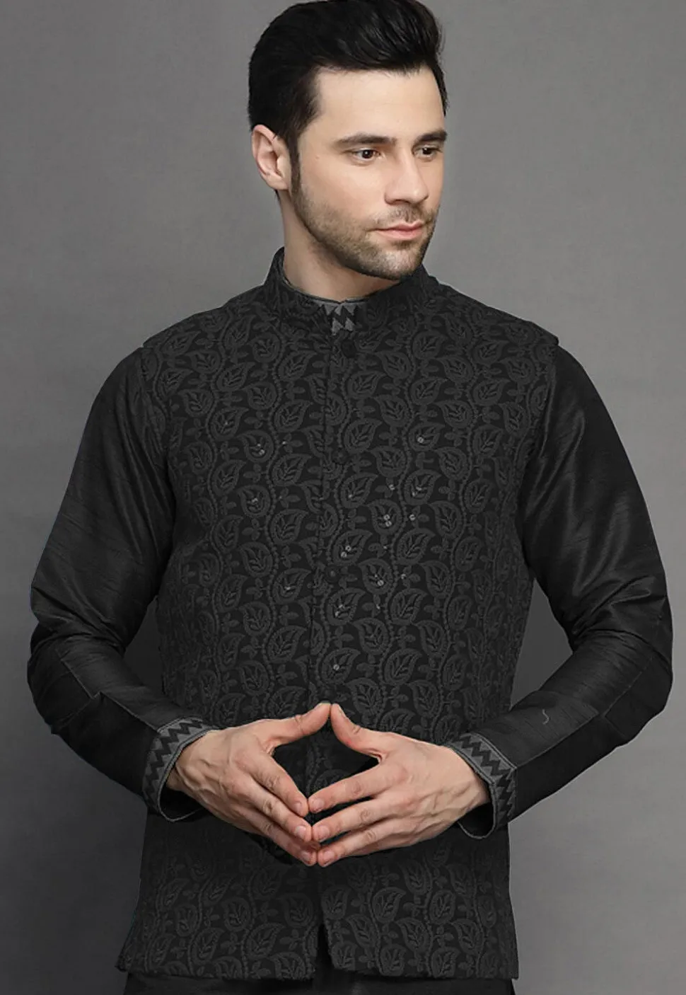 Embroidered Georgette Nehru Jacket in Black