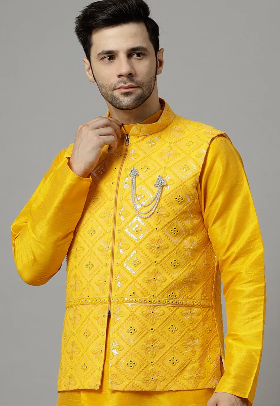 Embroidered Georgette Nehru Jacket in Yellow