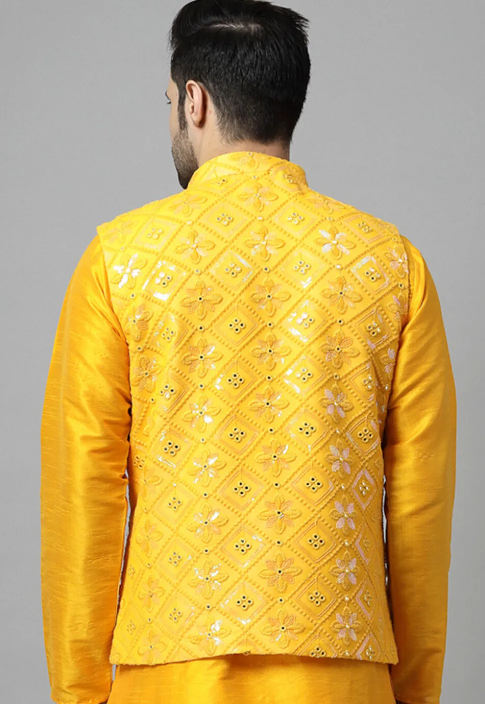 Embroidered Georgette Nehru Jacket in Yellow