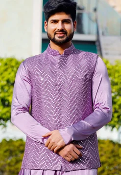 Embroidered Georgette Nehru Jacket in Light Purple