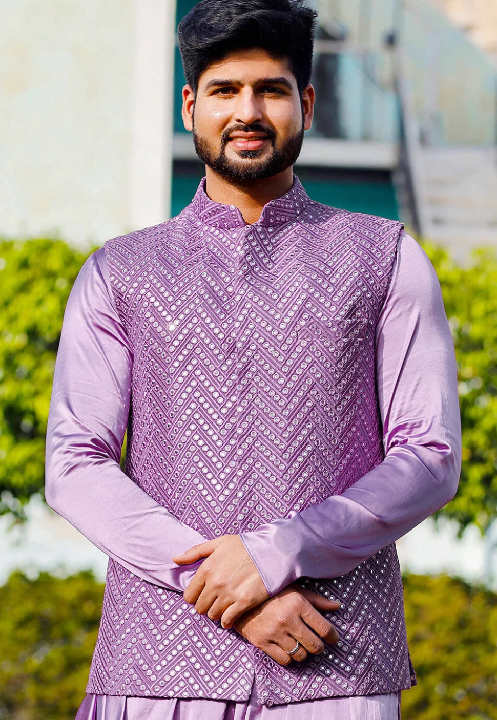 Embroidered Georgette Nehru Jacket in Light Purple