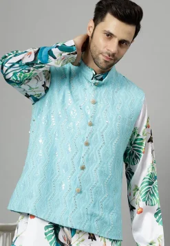 Embroidered Georgette Nehru Jacket in Sky Blue
