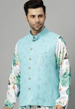 Embroidered Georgette Nehru Jacket in Sky Blue