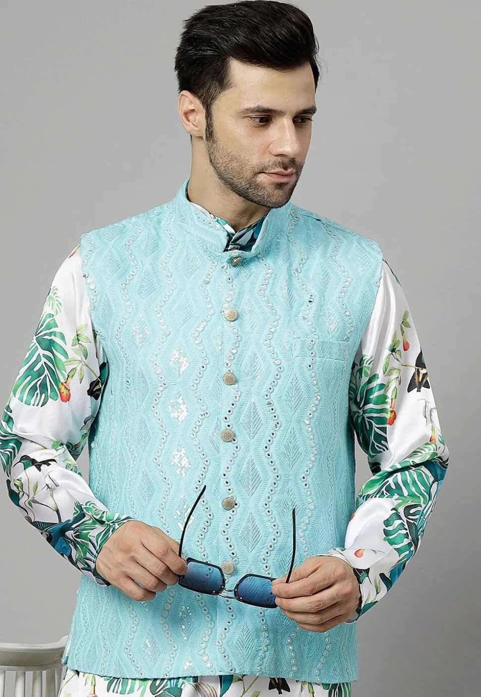 Embroidered Georgette Nehru Jacket in Sky Blue