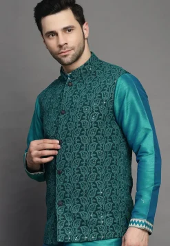 Embroidered Georgette Nehru Jacket in Dark Green