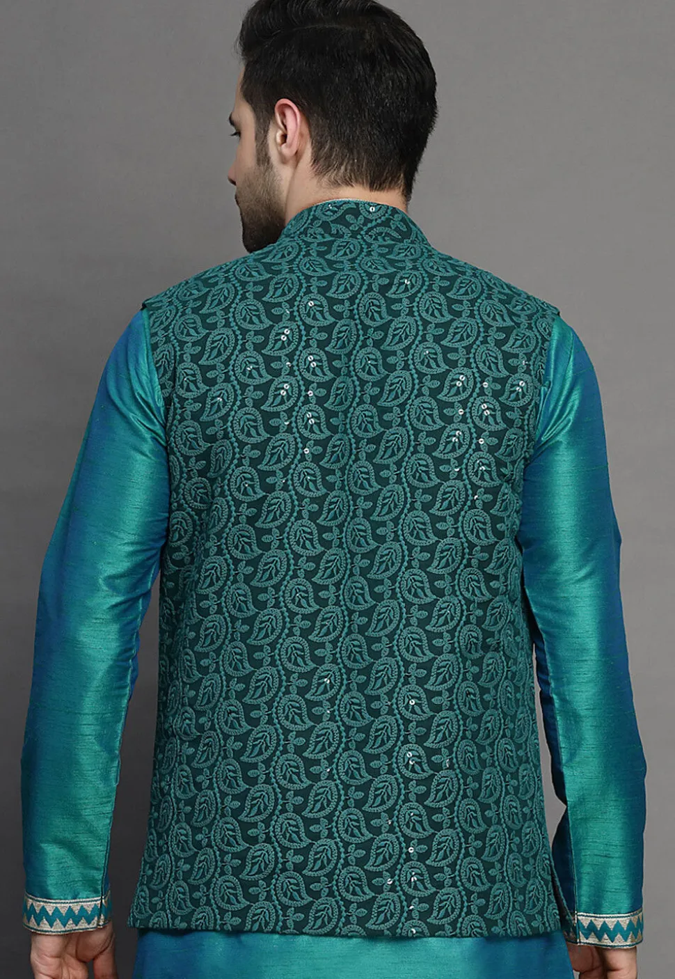 Embroidered Georgette Nehru Jacket in Dark Green