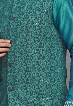 Embroidered Georgette Nehru Jacket in Dark Green