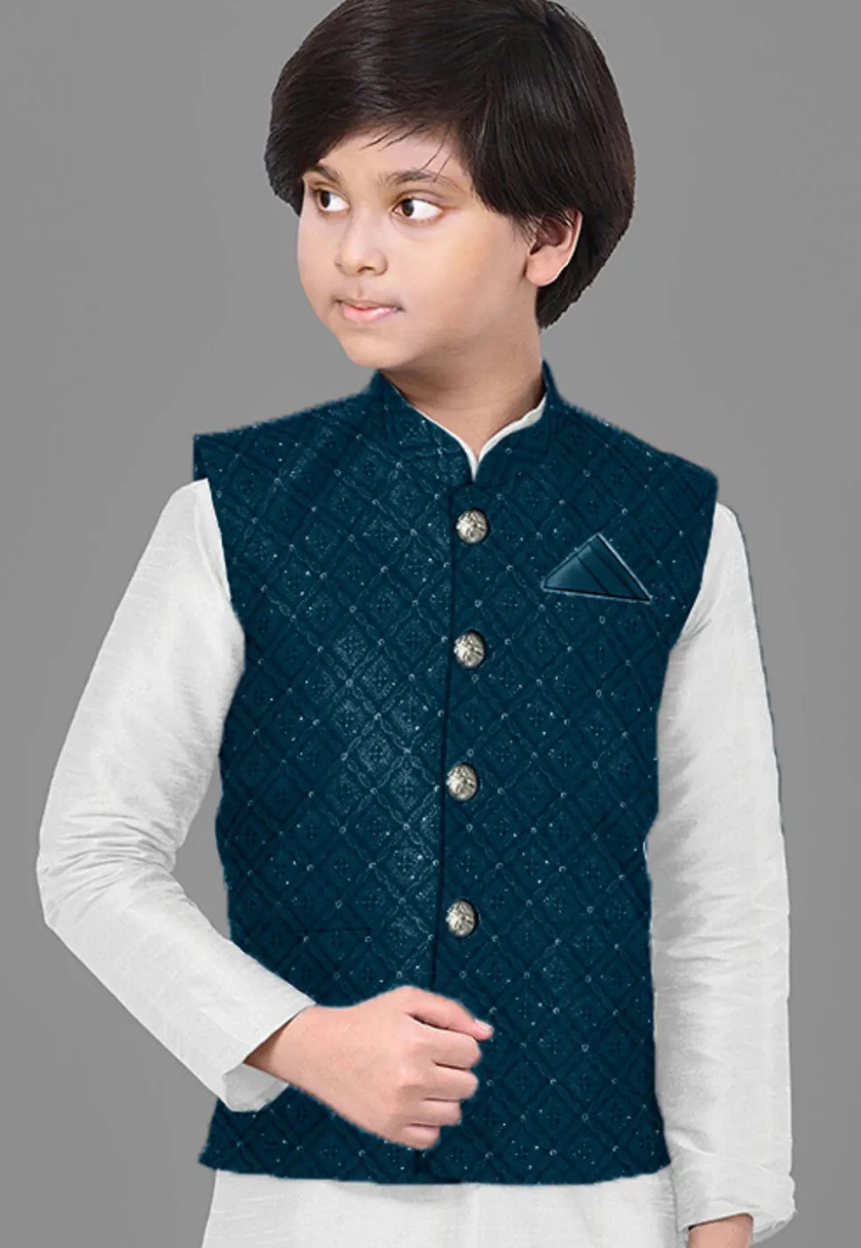 Embroidered Georgette Nehru Jacket in Teal Blue