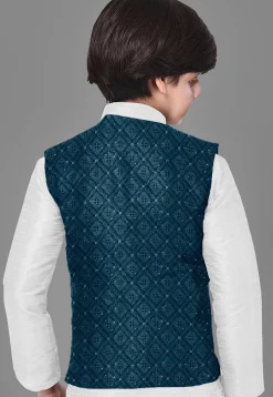 Embroidered Georgette Nehru Jacket in Teal Blue