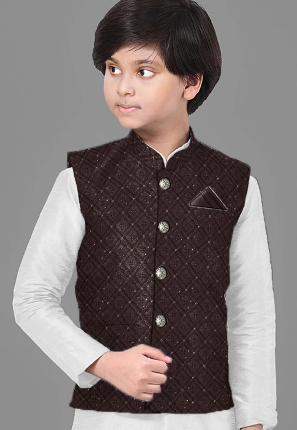 Embroidered Georgette Nehru Jacket in Brown