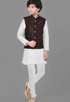 Embroidered Georgette Nehru Jacket in Brown