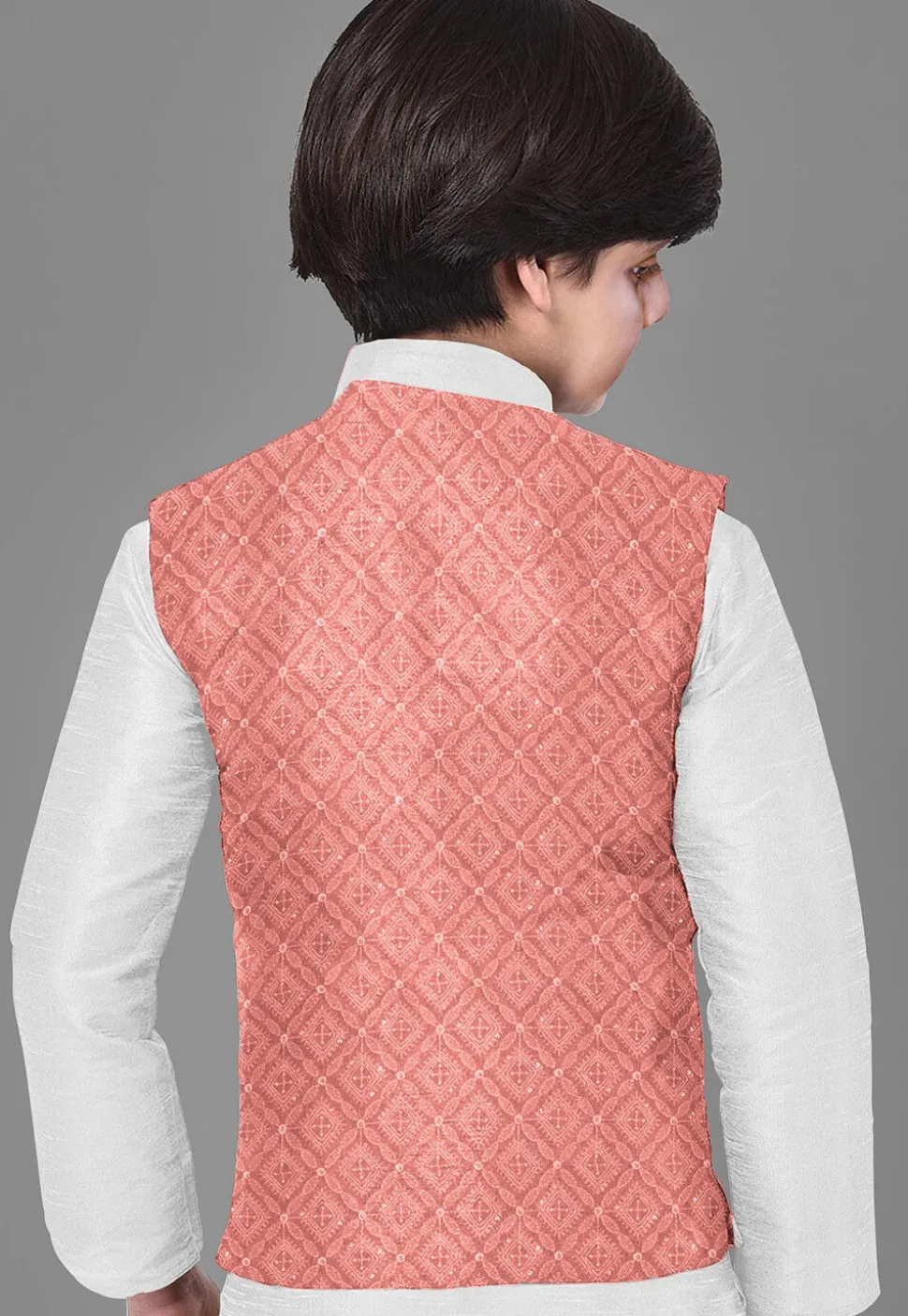 Embroidered Georgette Nehru Jacket in Dark Peach