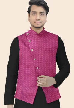 Embroidered Georgette Nehru Jacket in Magenta